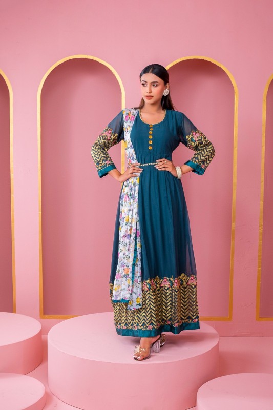 Readymade Blue Velvet Color Lehenga Georgette Embroidered Party Dress